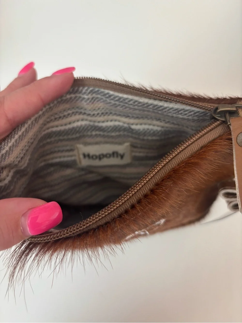 Handcrafted Brown Hair-On Hide Wristlet with White Monogram K